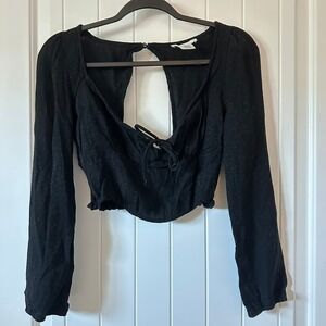 Kirious LA Long Sleeve Crop Top Tie Front Cheetah Print Blouse Black‎ Size M